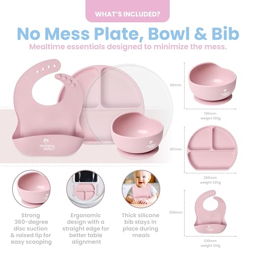 MiMiful Baby Led Weaning Supplies - 6+ Month Silicone Baby Feeding Set, First Stage BWL utensils Dinnerware,Toddler Plate Bowls Set, Spoon, Fork, Lid, Suction Bowl & Cup, Platos Para Bebes (SoftPink)