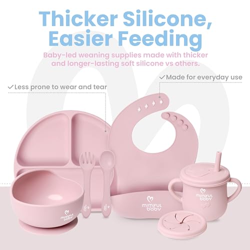 MiMiful Baby Led Weaning Supplies - 6+ Month Silicone Baby Feeding Set, First Stage BWL utensils Dinnerware,Toddler Plate Bowls Set, Spoon, Fork, Lid, Suction Bowl & Cup, Platos Para Bebes (SoftPink)