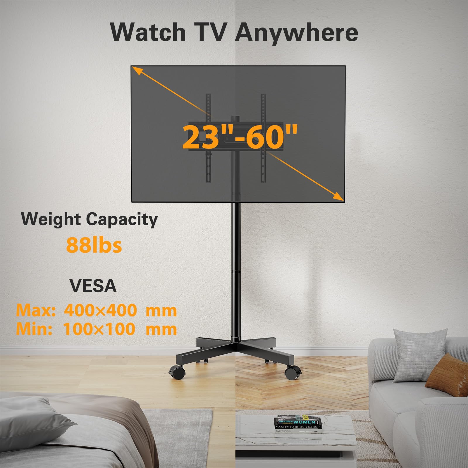 Perlegear Rolling TV Stand for 23-60 Inch LCD LED OLED 4K Smart TVs Holds up to 88lbs, Mobile TV Stand with Height Adjustable, Tilting TV Cart with Locking Wheels Max VESA 400x400mm, PGTVMC16