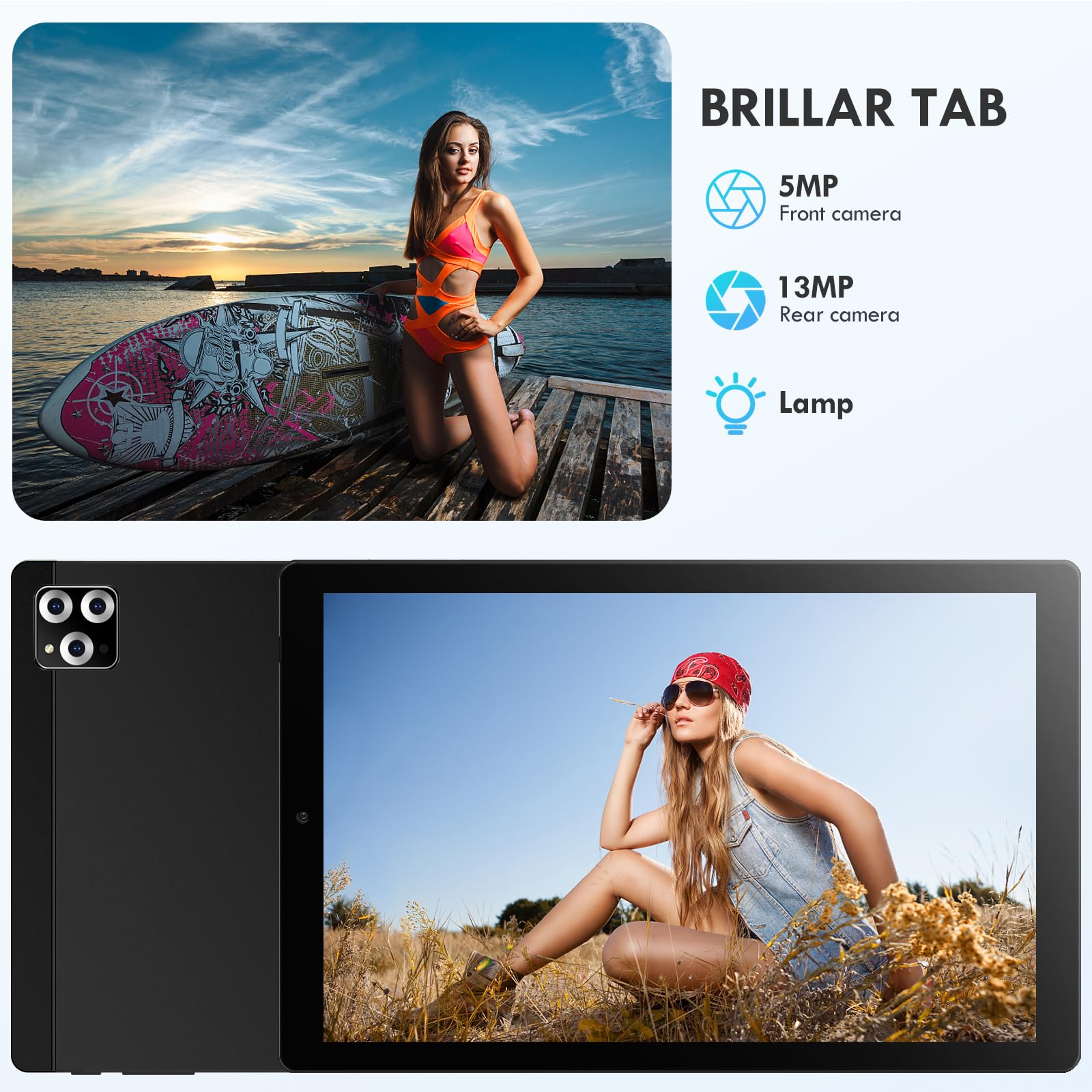 BRILLAR 10 inch Android Tablet, 6 GBRAM+128GB ROM 1TB Expandable, 8-core Processor, Dual SIM Card Slots, IPS HD Touchscreen and Dual Speakers, 13MP Camera, 6000mAH Long Battery Life, Black