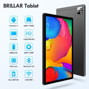 BRILLAR 10 inch Android Tablet, 6 GBRAM+128GB ROM 1TB Expandable, 8-core Processor, Dual SIM Card Slots, IPS HD Touchscreen and Dual Speakers, 13MP Camera, 6000mAH Long Battery Life, Black