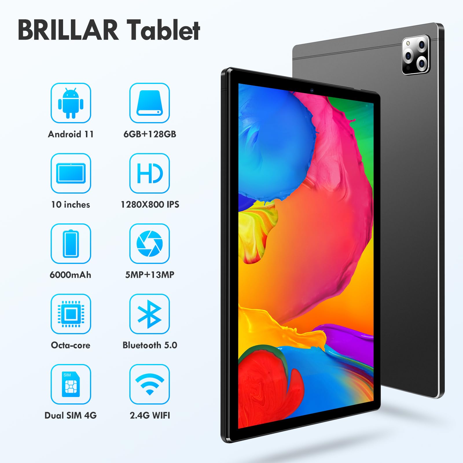 BRILLAR 10 inch Android Tablet, 6 GBRAM+128GB ROM 1TB Expandable, 8-core Processor, Dual SIM Card Slots, IPS HD Touchscreen and Dual Speakers, 13MP Camera, 6000mAH Long Battery Life, Black