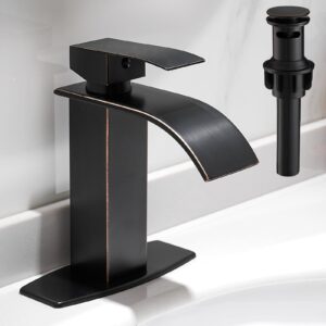 hoimpro bronze waterfall bathroom faucet with cupc supply lines, single handle bathroom sink faucet with pop-up drain, rv vanity vessel faucet with deck plate, oil rubbed bronze, 1 or 3 hole