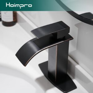 Hoimpro Bronze Waterfall Bathroom Faucet with cUPC Supply Lines, Single Handle Bathroom Sink Faucet with Pop-up Drain, Rv Vanity Vessel Faucet with Deck Plate, Oil Rubbed Bronze, 1 or 3 Hole