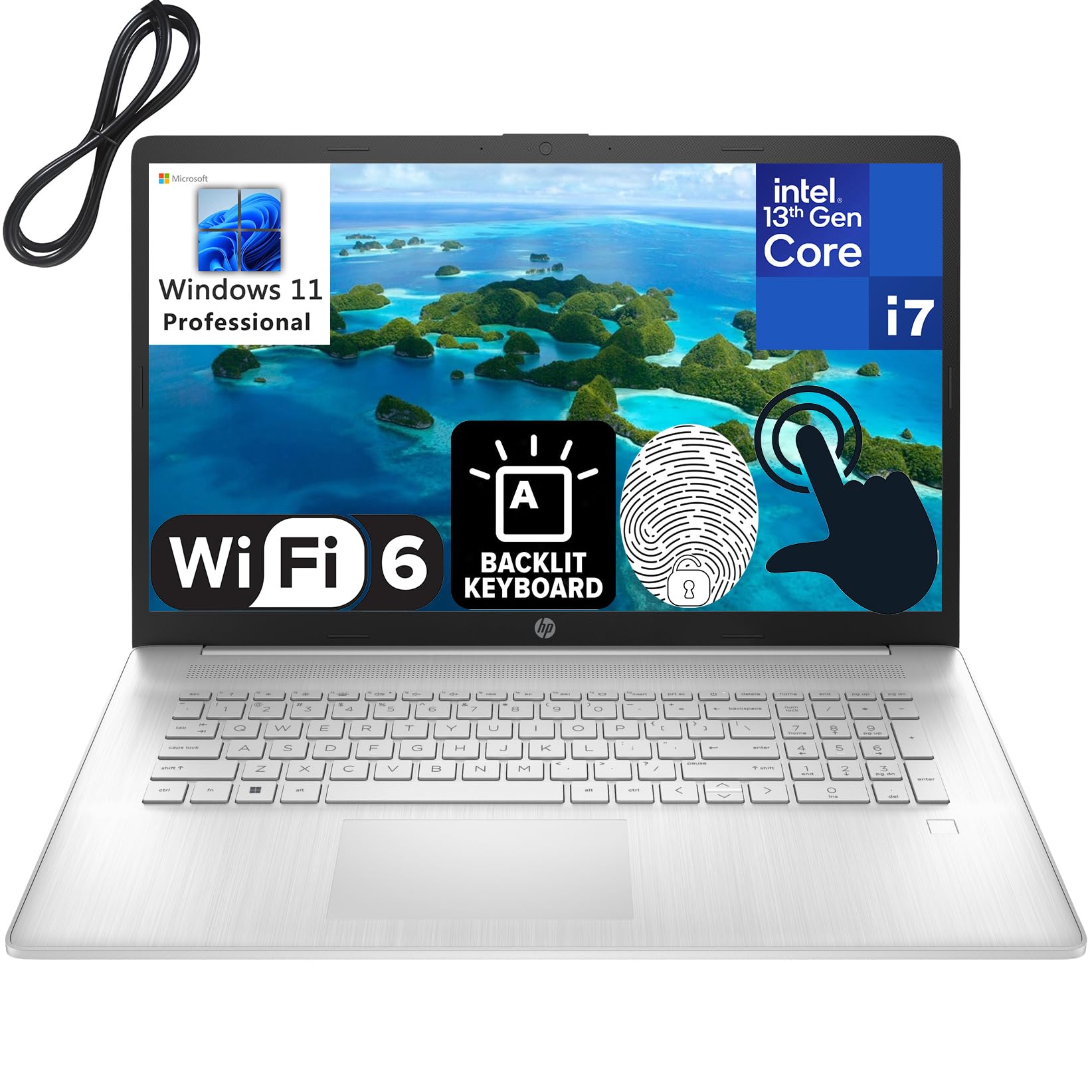 HP 17 17.3" Touchscreen HD+ Business Laptop Computer, 13th Gen Intel 10-Core i7-1355U, 32GB DDR4 RAM, 1TB PCIe SSD, WiFi 6, Backlit Keyboard, Fingerprint Reader, Windows 11 Pro, BROAGE Cable