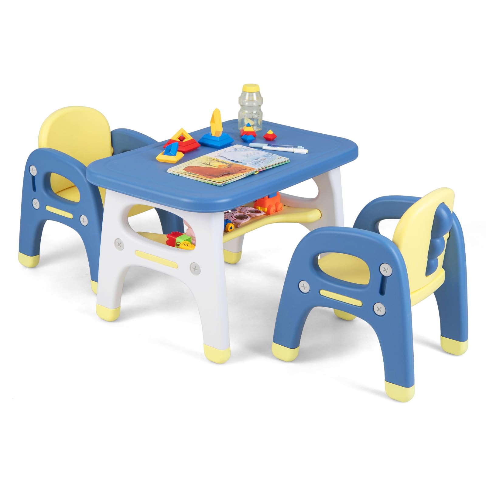 Costzon Kids Table and Chair Set w/Montessori Toys, Kids Activity Table w/Storage Shelf, Building Blocks, Cute Dinosaur Shape Chair, Easy to Clean, Preschool, Kindergarten (Table and 2 Chairs)