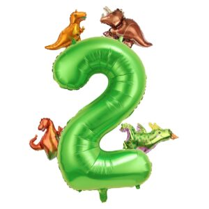 dinosaur balloon set, 40 inch large aluminum foil number balloon with 4 styles cute dinosaur balloon green dinosaur balloons for birthday party, anniversary theme party decoration (number 2)