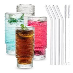 insetlan 16oz hobnail drinking glasses set of 4 with glass straws - stackable cups for bar, cocktails, and beverages - ideal for iced coffee, beer, juice, and water - pleasing and durable glassware