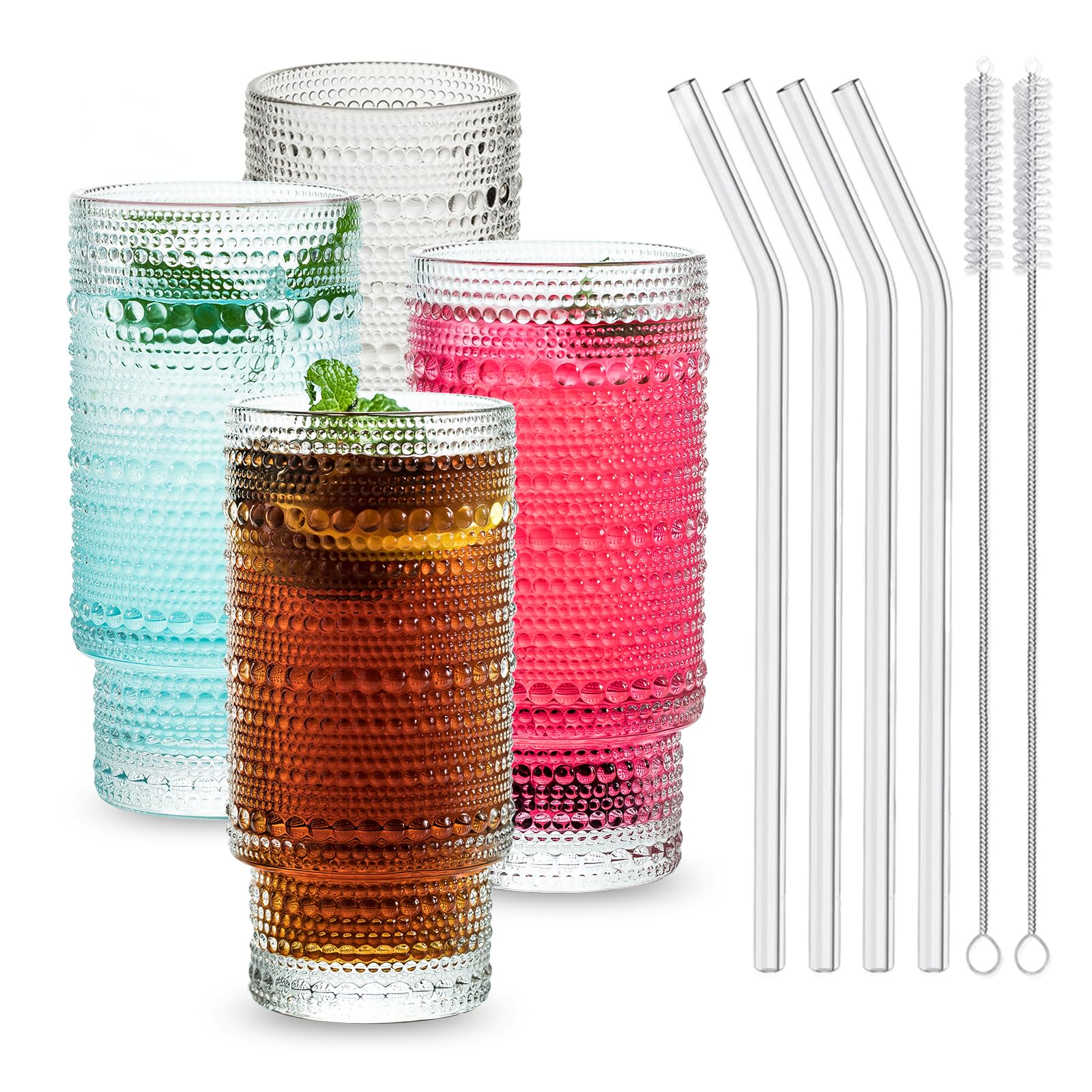 INSETLAN 16oz Hobnail Drinking Glasses Set of 4 with Glass Straws - Stackable Cups for Bar, Cocktails, and Beverages - Ideal for Iced Coffee, Beer, Juice, and Water - Pleasing and Durable Glassware