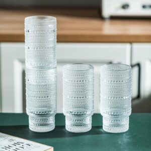 INSETLAN 16oz Hobnail Drinking Glasses Set of 4 with Glass Straws - Stackable Cups for Bar, Cocktails, and Beverages - Ideal for Iced Coffee, Beer, Juice, and Water - Pleasing and Durable Glassware