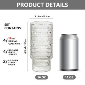 INSETLAN 16oz Hobnail Drinking Glasses Set of 4 with Glass Straws - Stackable Cups for Bar, Cocktails, and Beverages - Ideal for Iced Coffee, Beer, Juice, and Water - Pleasing and Durable Glassware