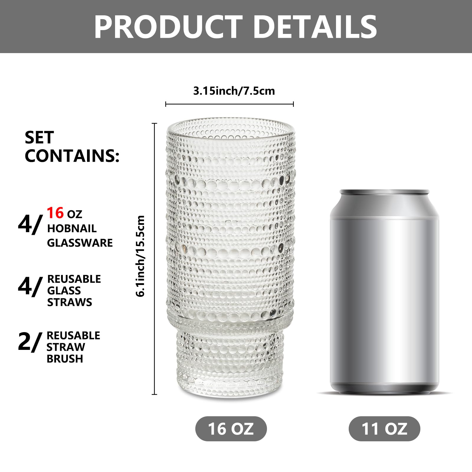 INSETLAN 16oz Hobnail Drinking Glasses Set of 4 with Glass Straws - Stackable Cups for Bar, Cocktails, and Beverages - Ideal for Iced Coffee, Beer, Juice, and Water - Pleasing and Durable Glassware