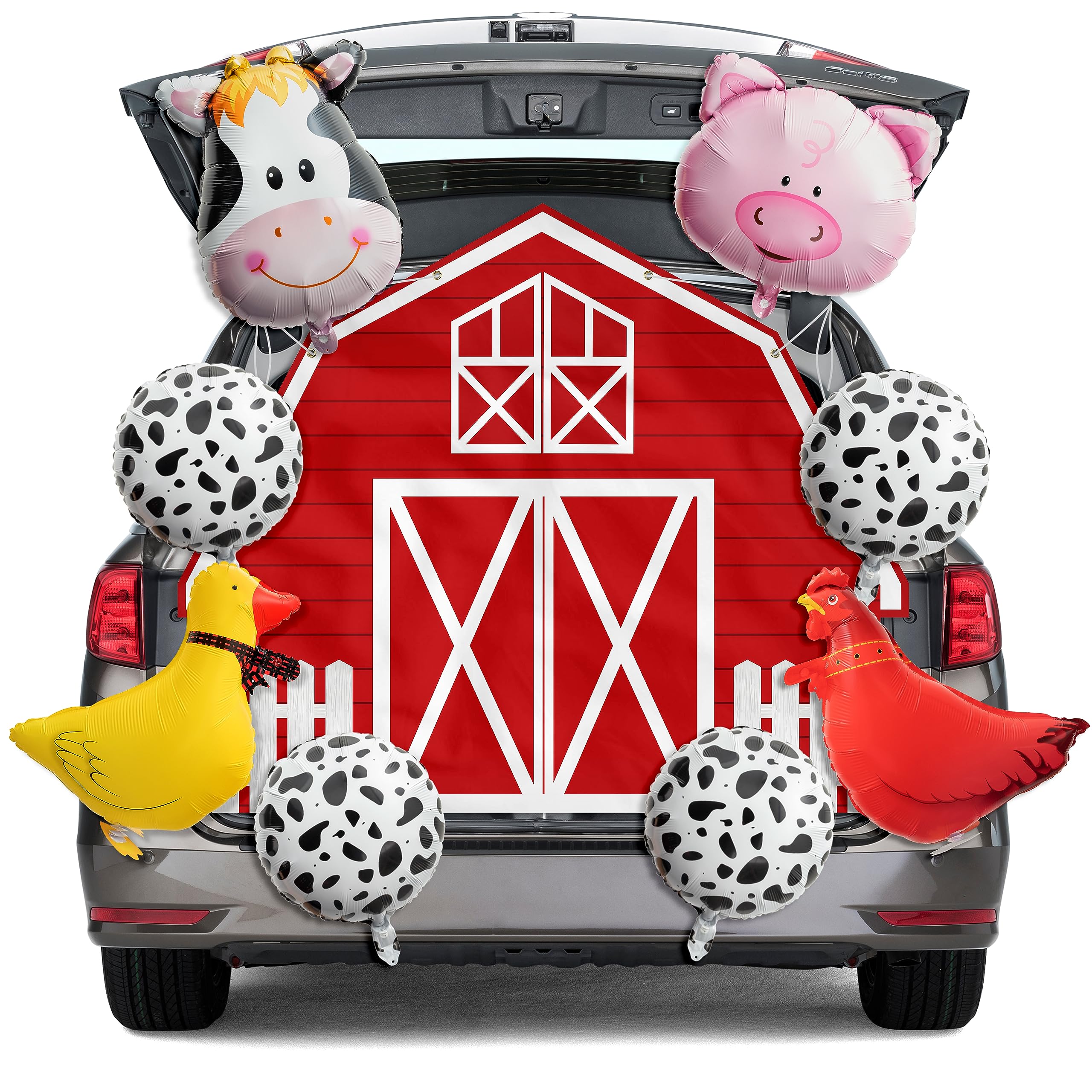 Haooryx 14pcs Farm Theme Trunk Or Treat Decoration Banner Balloon For Cars, Suvs, Red Farmhouse Car Trunk Banner Animal Ballon Halloween Trunk Or Treat Car Banner Balloon Arch Home Party Supply