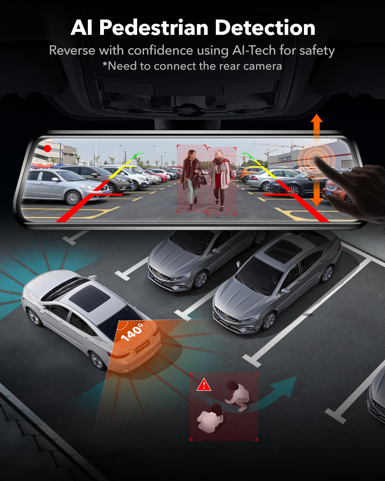 【G910 + TypeC Hardwire Kit】 WOLFBOX G910 Mirror Dash Cam with Pedestrian Detection & USB C Hardwire Kit