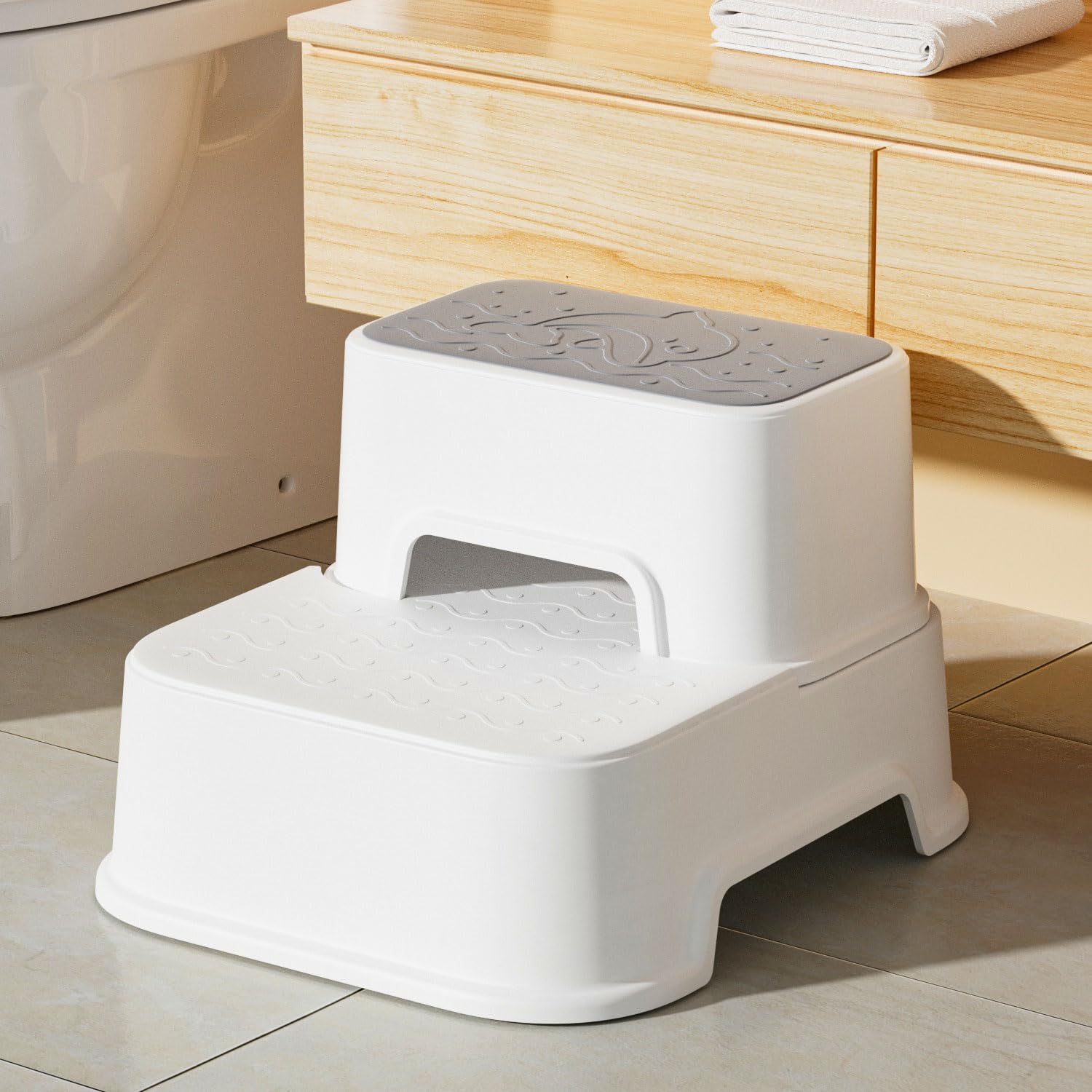 Two Step Stool for Kids, Anti-Slip Sturdy Toddler Two Step Stool for Bathroom, Kitchen and Toilet Potty Training (White)