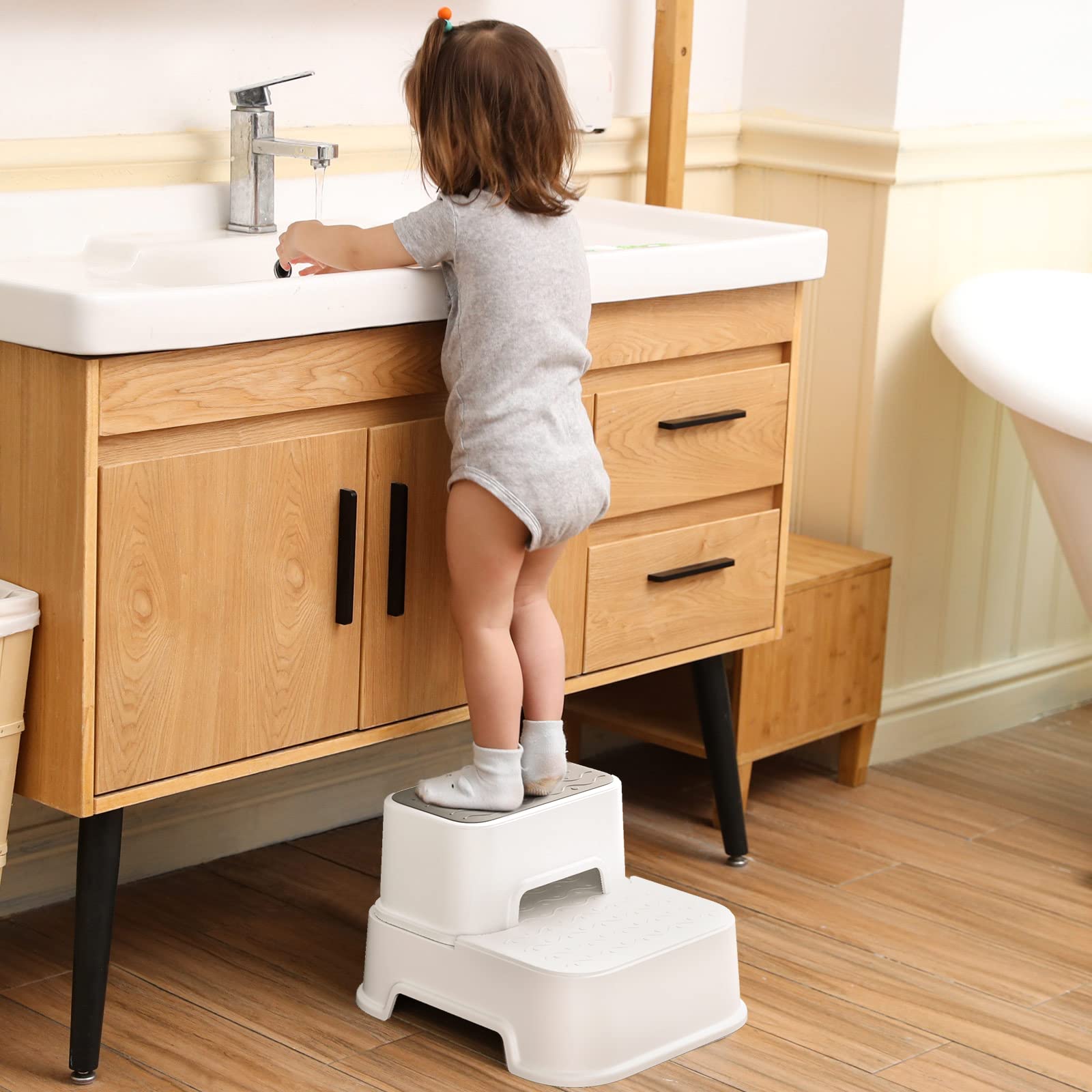 Two Step Stool for Kids, Anti-Slip Sturdy Toddler Two Step Stool for Bathroom, Kitchen and Toilet Potty Training (White)