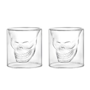 intowalk skull face glasses heavy base crystal cups set of 2, party home and entertainment dining beverage drinking glassware for whiskey brandy liquor bar decor jello 250ml/8.84oz clear