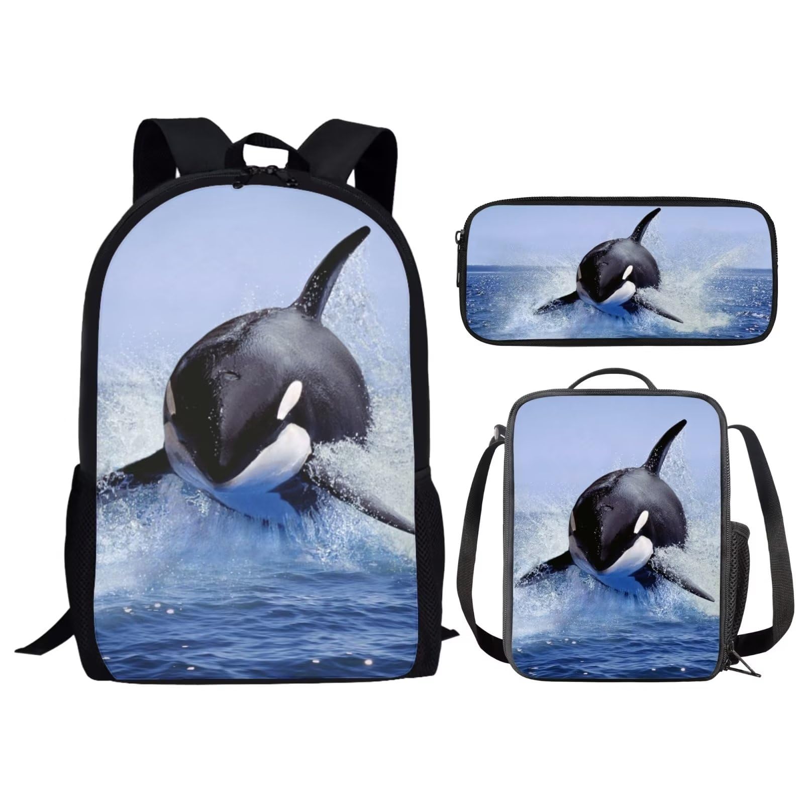 Parprinty Cute Kids School Backpacks & Lunch Boxes Lightweight Durable Large Capacity Blue Killer Whale Backpack Set for Boys Girls Adjustable Straps Breathable 17 Inch Bookbag with Pencil Case