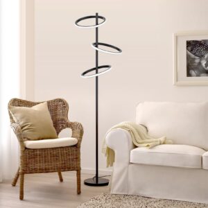 alldio annular floor lamp, bright 30w led floor lamps for living room, modern saturn ring tall lamp, standing lamp with 3 led lights for bedroom reading- black