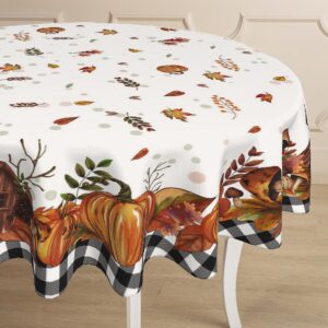 JYKCUL Fall Tablecloth Round 60 Inch, Buffalo Plaid Pumpkin Mushroom Leaves Fall Table Cloth Thanksgiving Autumn Table Cover for Party Picnic Kitchen Dinner Decor