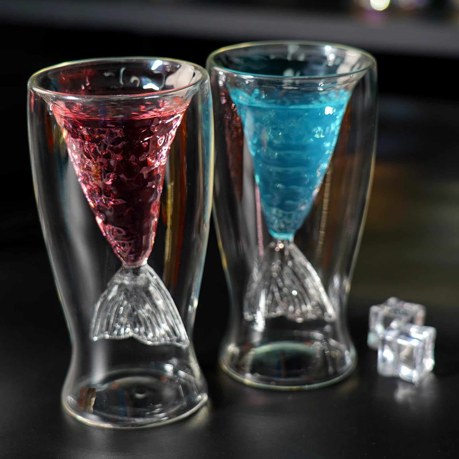 INTOWALK Creative glass Mermaid glass Spirit glass Double glass Red wine glass Bar night mixing glass Cocktail glass Set of 2 pieces (Transparent fish tail)