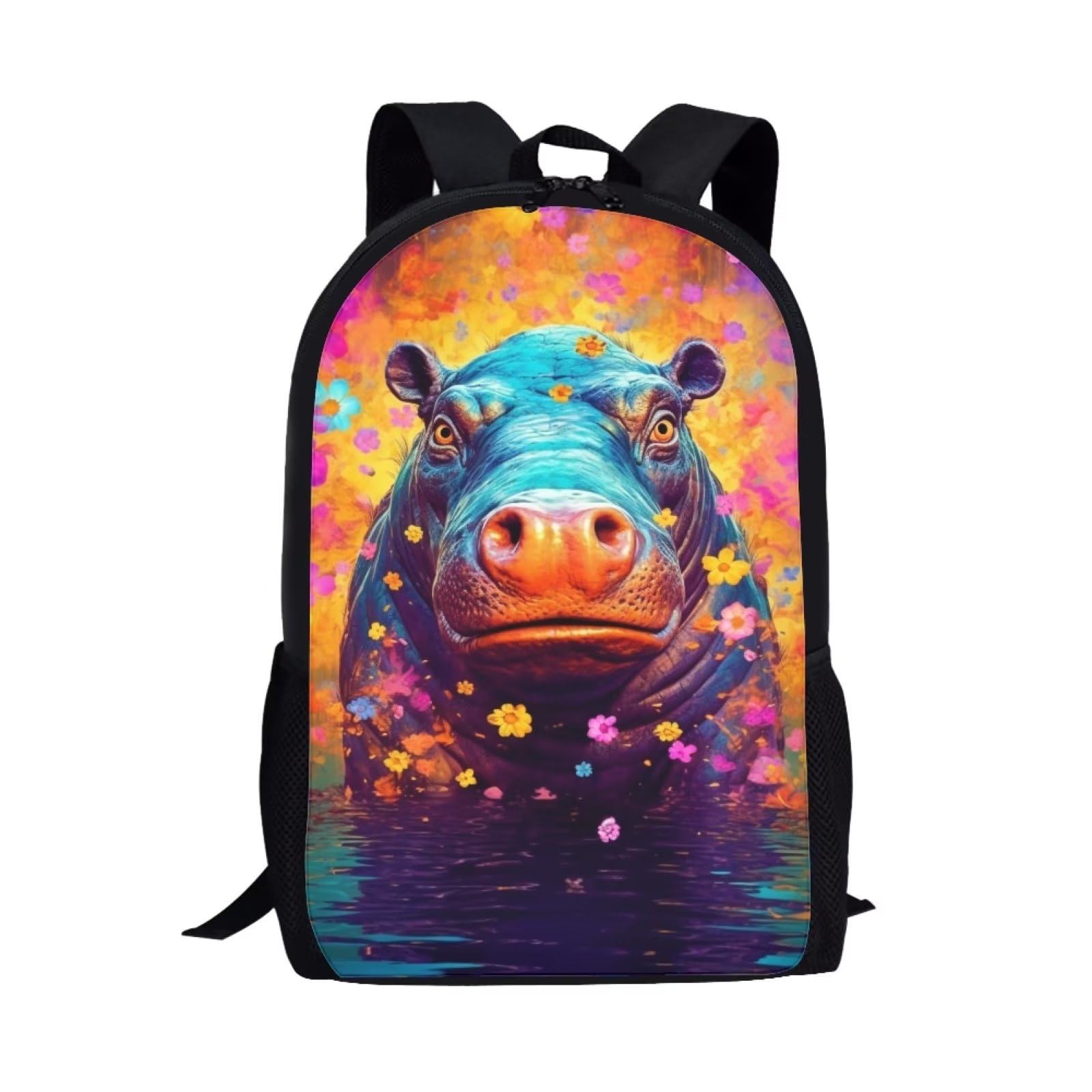 Kids Cool Animal Backpack Black Aesthetic Personalized Funny Floral Hippo School Backpack for Boys Girls Padded Back & Straps Comfy Lightweight Cute Bookbag 17 Inch Student Basic Daypack