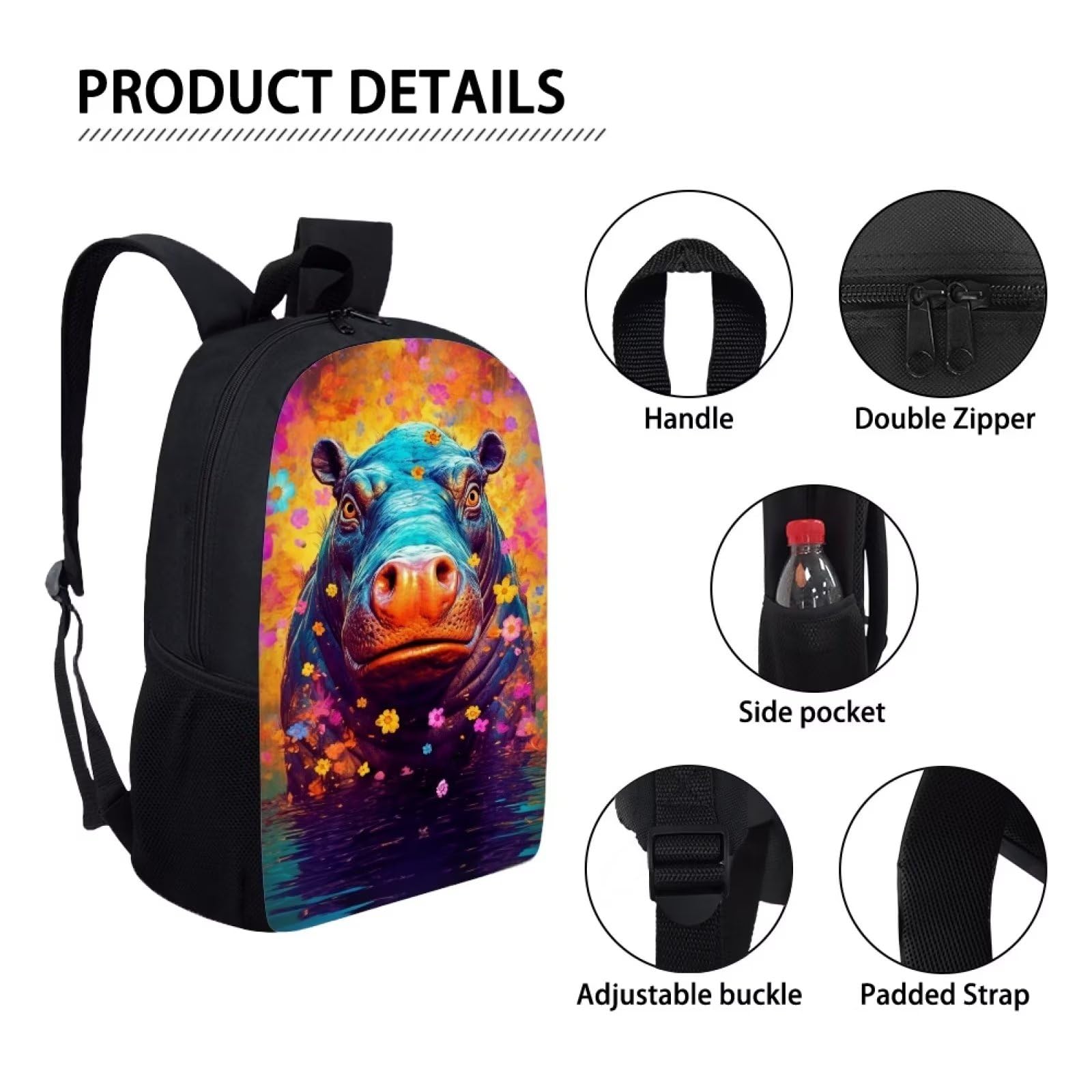 Kids Cool Animal Backpack Black Aesthetic Personalized Funny Floral Hippo School Backpack for Boys Girls Padded Back & Straps Comfy Lightweight Cute Bookbag 17 Inch Student Basic Daypack