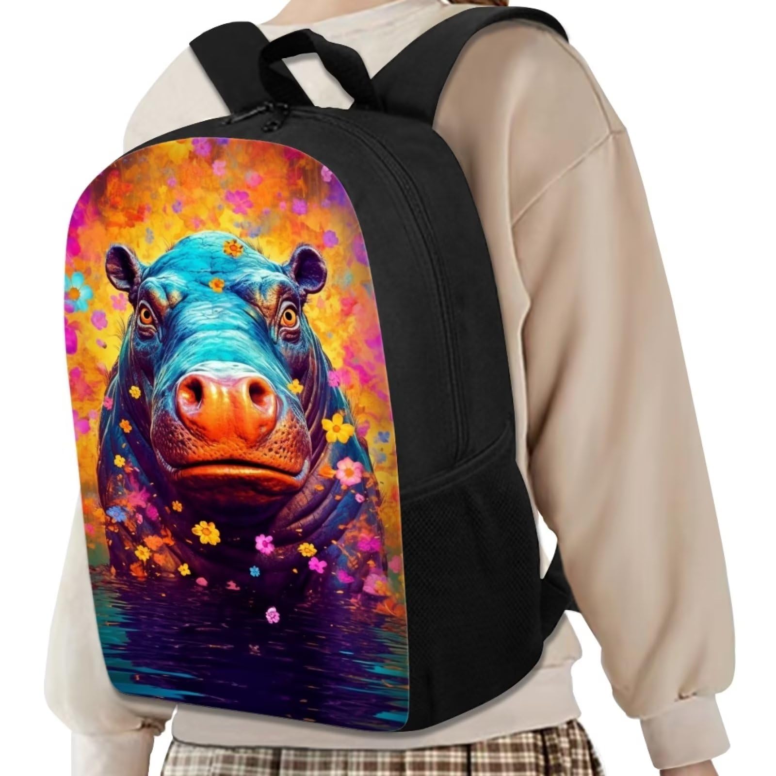 Kids Cool Animal Backpack Black Aesthetic Personalized Funny Floral Hippo School Backpack for Boys Girls Padded Back & Straps Comfy Lightweight Cute Bookbag 17 Inch Student Basic Daypack