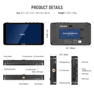 NEEWER F400 PRO 6 Inch Camera Field Monitor, Waveform, Vector Scope, Full HD 1920x1080 IPS 4K HDMI Input DSLR Video Peaking Focus Assist, DC Input Output, Tilt Arm, F550 Battery & Charger Included