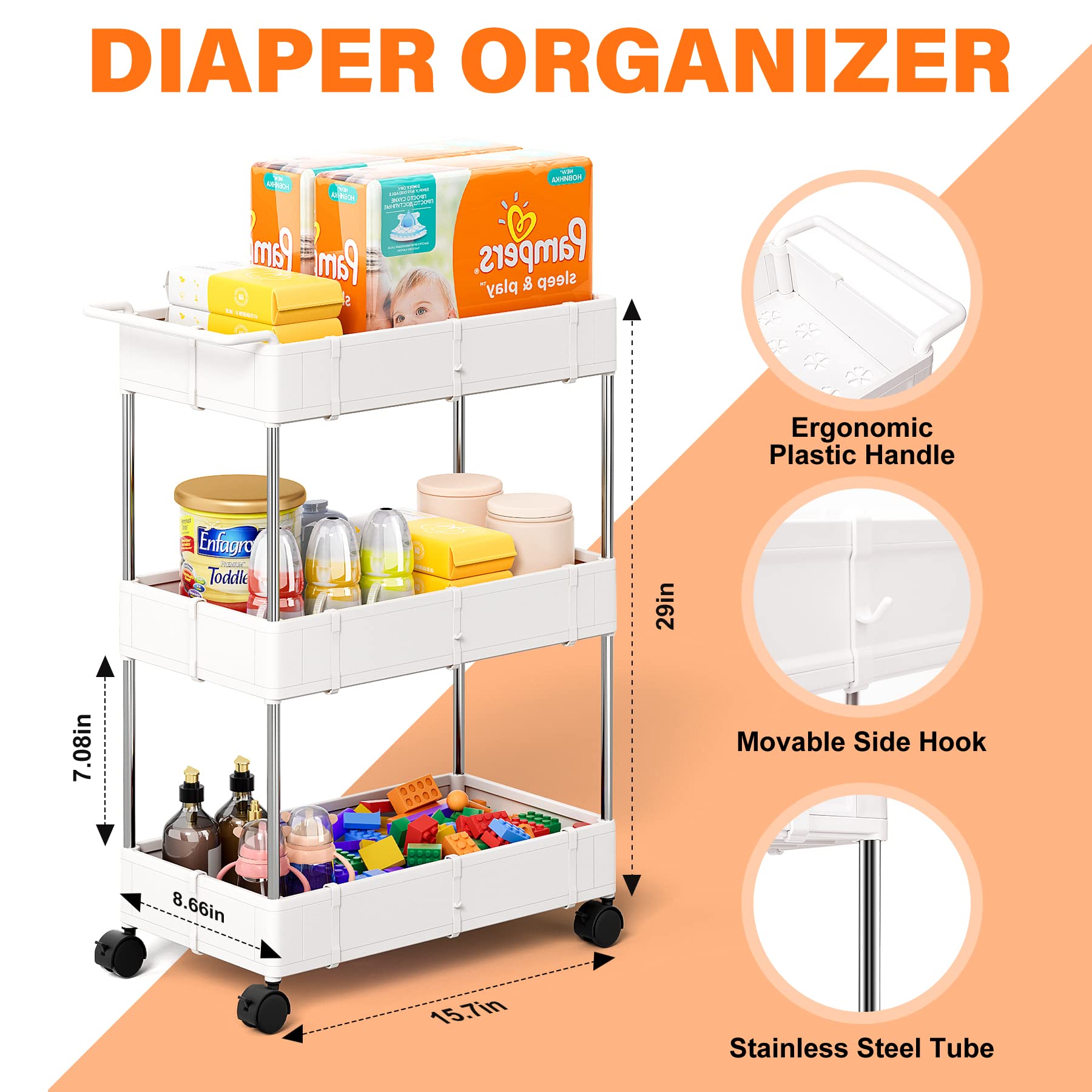 Volnamal Baby Diaper Caddy, Plastic Movable Cart for Newborn Nursery Essentials Diaper Storage Caddy