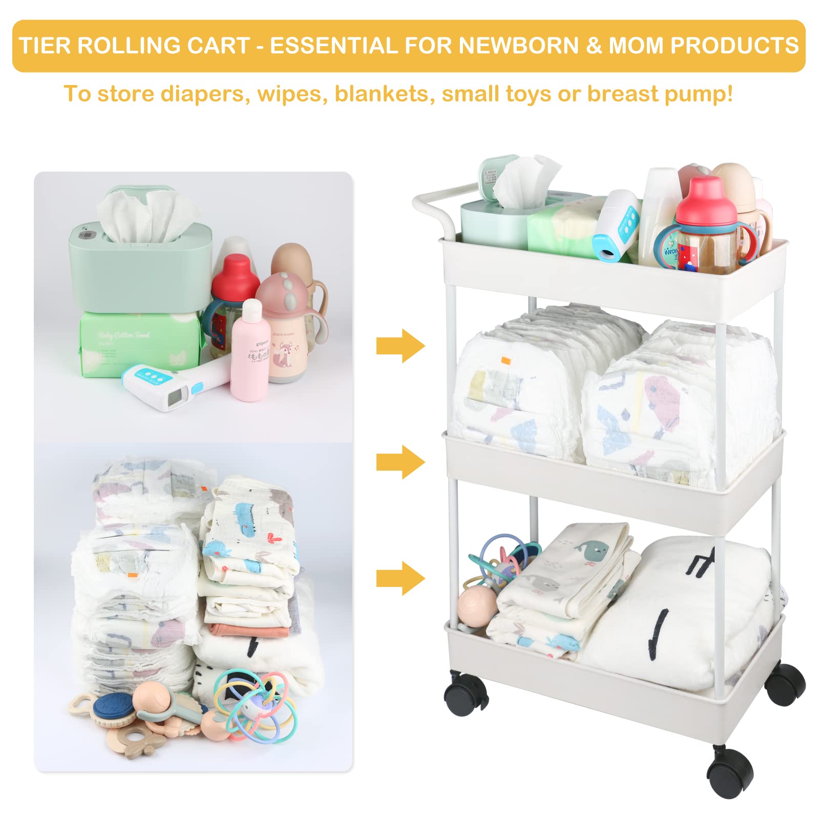 Volnamal Baby Diaper Caddy, Plastic Movable Cart for Newborn Nursery Essentials Diaper Storage Caddy