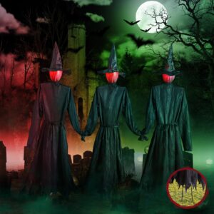 halloween decorations outdoor 3pcs light up witches holding hands witches with stakes, scary screaming witches with glowing face, creepy halloween party props decor for yard garden outside lawn porch