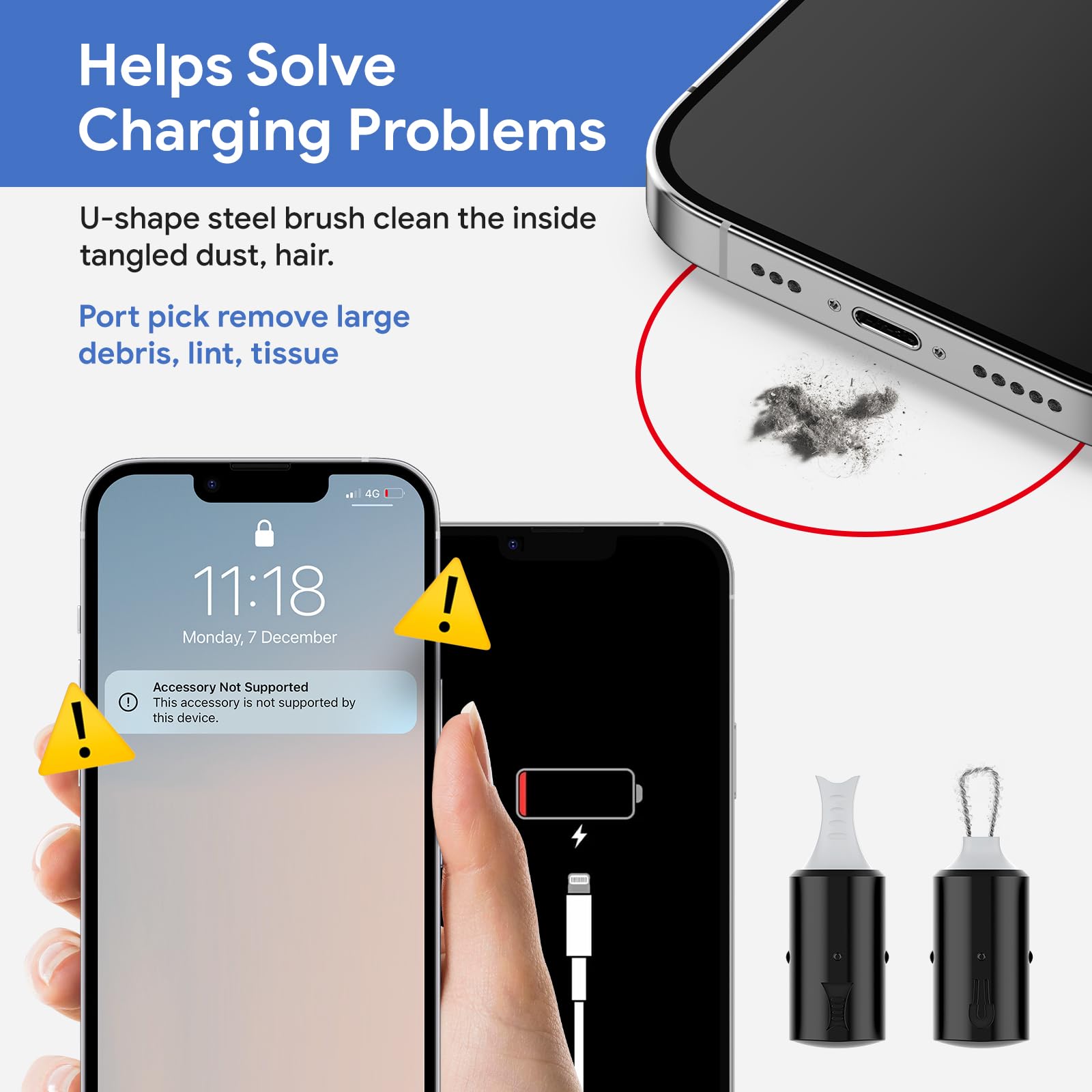 12 in 1 iPhone Cleaning Kit,Phone Cleaning Kit for iPhone/Airpod/iPad/Charge Port Cleaning Tool,Safely Clean Lightning Cable and Connector to Fix Unreliable Charging,Easy to Store and Carry, Black