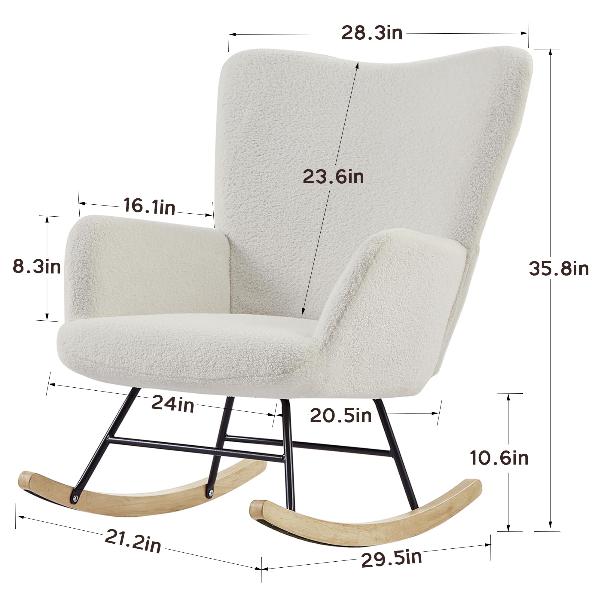 VECELO Rocking Chair, Modern Nursery Upholstered Glider Rocker Padded Seat with High Backrest Armchair with Pocket for Living Room, Bedroom, Offices, Balcony, White