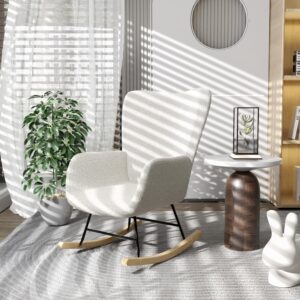 VECELO Rocking Chair, Modern Nursery Upholstered Glider Rocker Padded Seat with High Backrest Armchair with Pocket for Living Room, Bedroom, Offices, Balcony, White