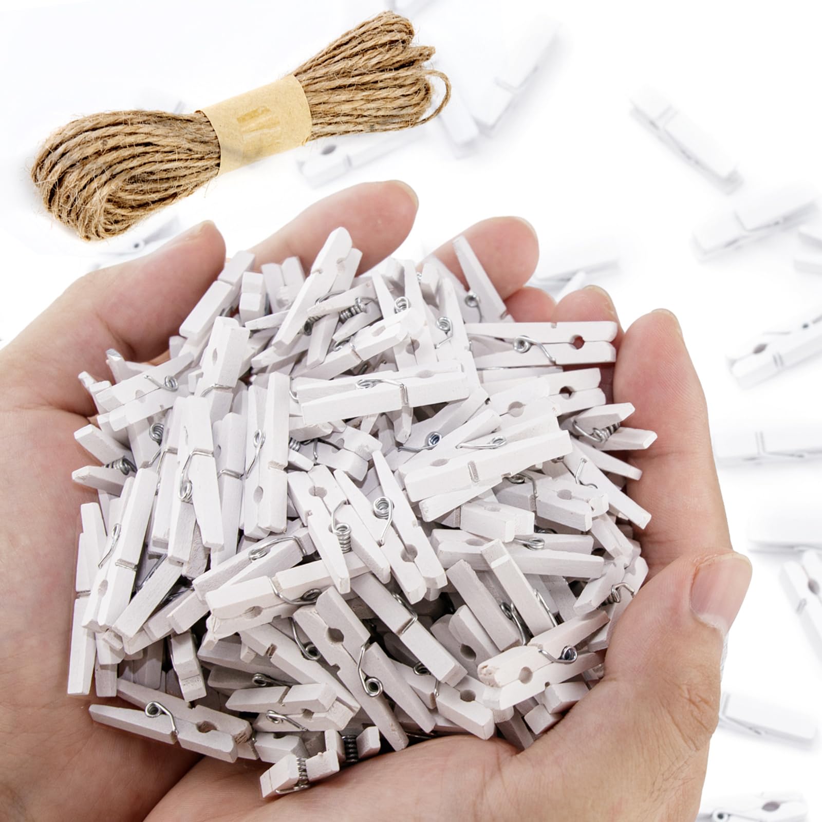 260Pcs White Mini Clothes Pins for Photos, Small Clothes Pins with Jute Twine, Clothespins, Wooden Clothes Pins for Crafts DIY Project