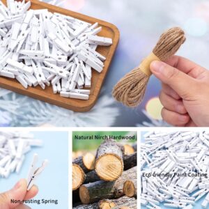 260Pcs White Mini Clothes Pins for Photos, Small Clothes Pins with Jute Twine, Clothespins, Wooden Clothes Pins for Crafts DIY Project