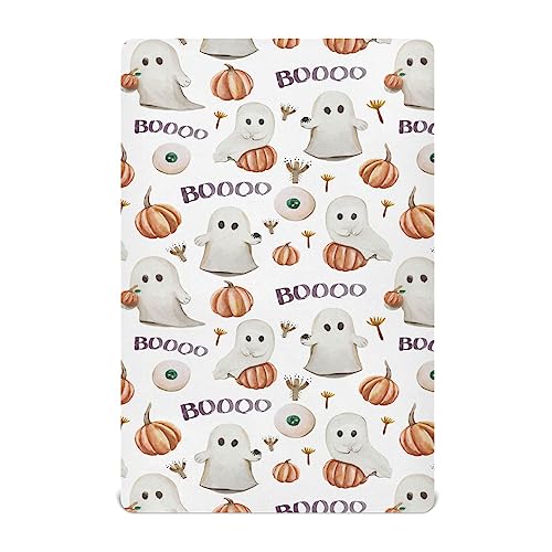Mazeann Ghosts Pumpkins Halloween Crib Sheets Soft Breathable Fitted Baby Playard Sheets Mattress Cover for Girl Boys, 39" x 27" x 5"