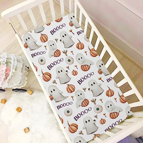 Mazeann Ghosts Pumpkins Halloween Crib Sheets Soft Breathable Fitted Baby Playard Sheets Mattress Cover for Girl Boys, 39" x 27" x 5"