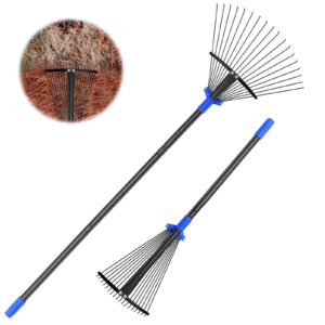 garden leaf rake with expandable head from 9.5 inch to 17 inch, collapsible lawn rake with adjustable 53 inch splicing handle, heavy duty metal rake for lawn yard, flowers beds and roof
