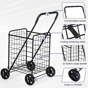 IRONMAX Grocery Shopping Cart, Foldable Heavy Duty Utility Cart w/Large Wheels for Easy Installation and Removal, Lightweight Trolley Cart for Grocery Laundry Luggage (Black)