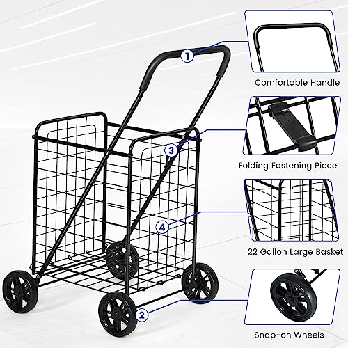 IRONMAX Grocery Shopping Cart, Foldable Heavy Duty Utility Cart w/Large Wheels for Easy Installation and Removal, Lightweight Trolley Cart for Grocery Laundry Luggage (Black)