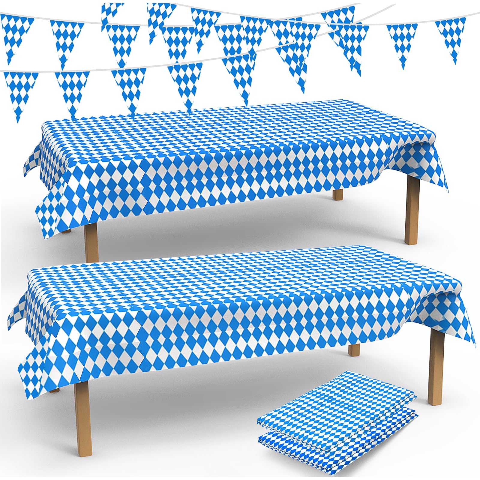 Lrviis Oktoberfest Tablecloth, 2 Munich Oktoberfest Tablecloths - 108" x 54" Oktoberfest Bavarian Flag Plaid Tablecloth with 2 Oktoberfest Banners for Oktoberfest Decorations