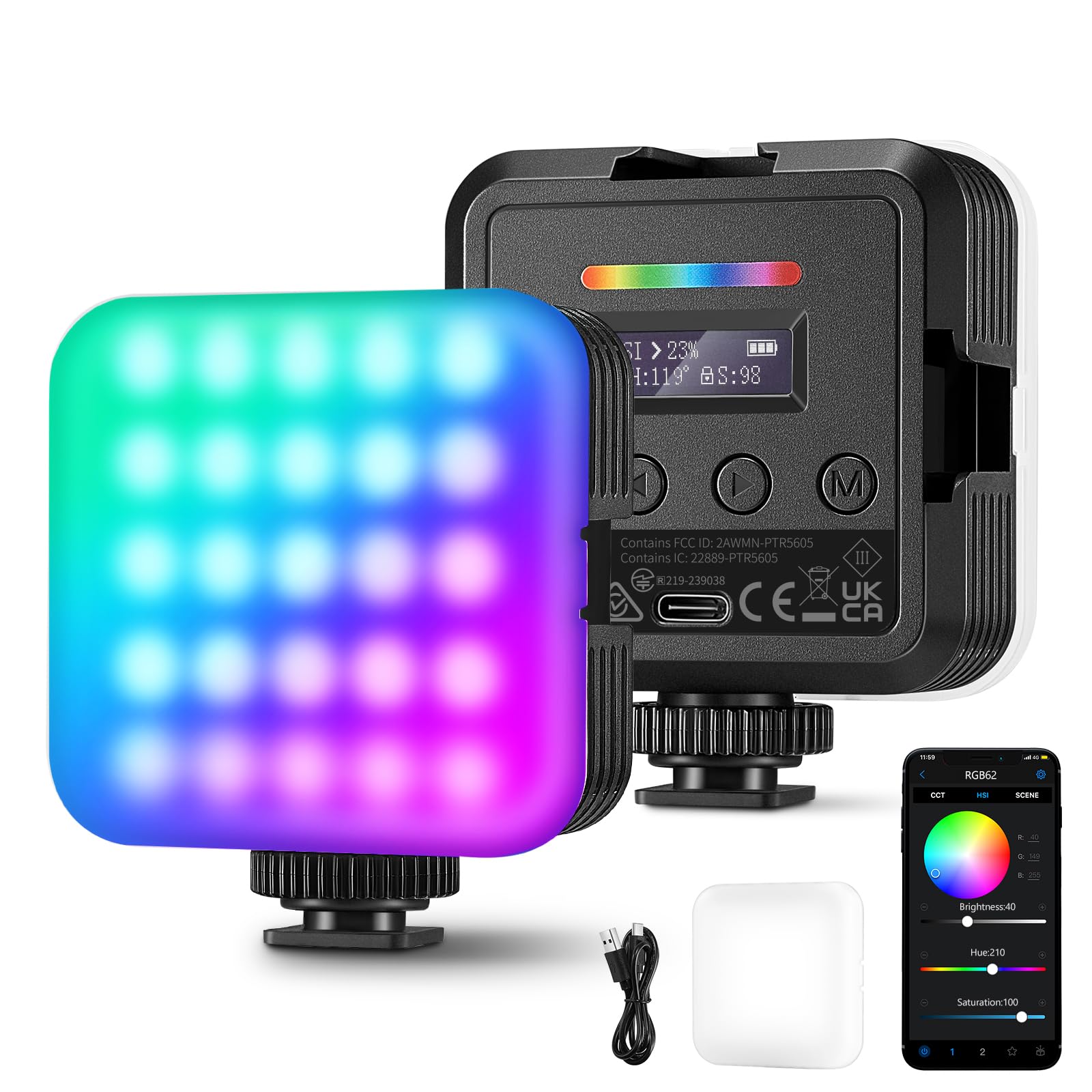 NEEWER RGB62 Magnetic RGB Video Light with Upgraded APP Control, 360° Full Color LED Camera Light with 3 Cold Shoes CRI97+ 2500K-8500K 17 Scenes 2000mAh Rechargeable Portable Photography Lighting