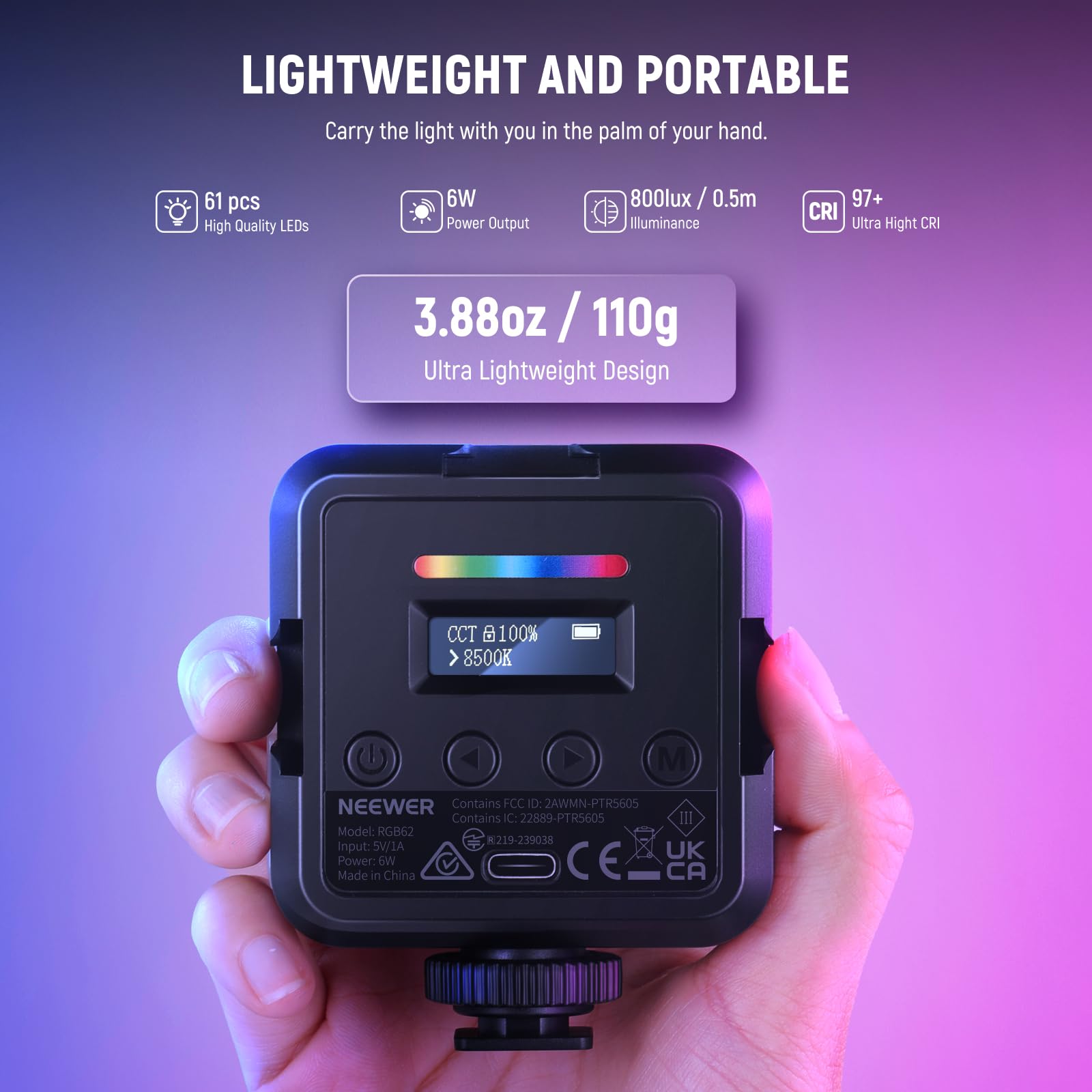 NEEWER RGB62 Magnetic RGB Video Light with Upgraded APP Control, 360° Full Color LED Camera Light with 3 Cold Shoes CRI97+ 2500K-8500K 17 Scenes 2000mAh Rechargeable Portable Photography Lighting