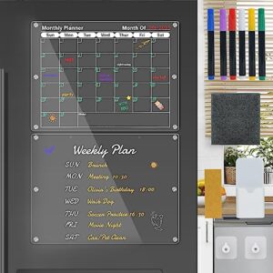 merrynine 2 pack magnetic calendar for refrigerator,acrylic fridge calendar,clear dry erase reusable planning boards with 6 marker pen,case,towel,2 screw stickers (16"x12", monthly + blank memo)