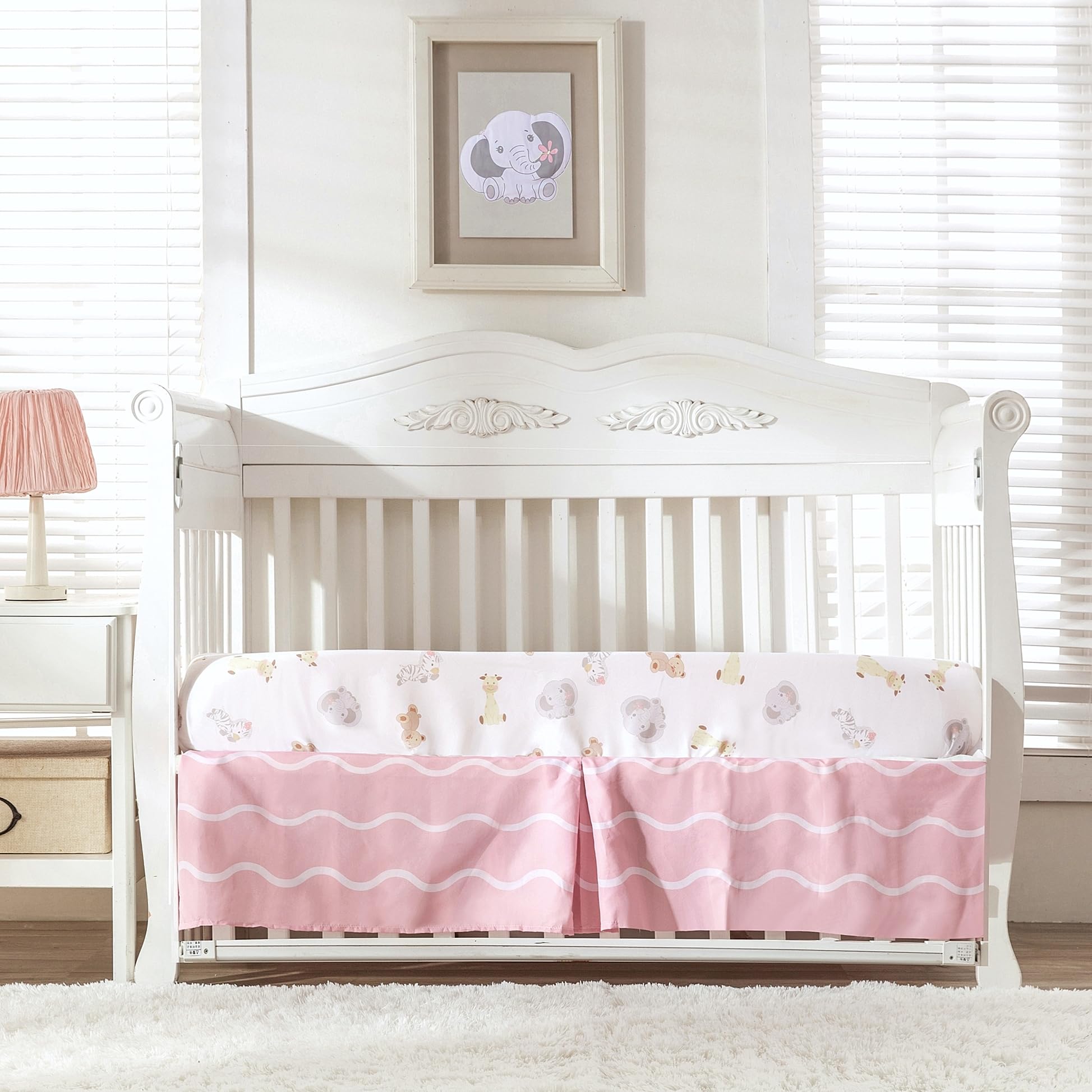 Baevellery Crib Bedding Set for Girls 3Piece Jungle Elephant Baby Girl Crib Bedding Set Nursery Crib Set for Baby Girl - Fitted Sheet Crib Comforter Crib Skirt