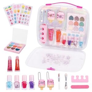 makeup kit for girls, 17 pcs real washable pretend play cosmetic set toys with lip gloss nail polish nail stickers, birthday gifts for 3 4 5 6 7 8 9 10 years old girls