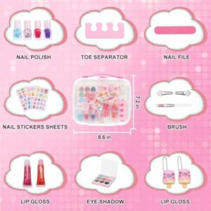 Makeup Kit for Girls, 17 Pcs Real Washable Pretend Play Cosmetic Set Toys with Lip Gloss Nail Polish Nail Stickers, Birthday Gifts for 3 4 5 6 7 8 9 10 Years Old Girls