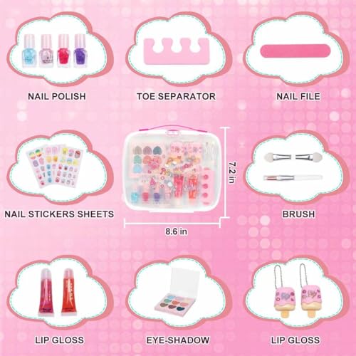 Makeup Kit for Girls, 17 Pcs Real Washable Pretend Play Cosmetic Set Toys with Lip Gloss Nail Polish Nail Stickers, Birthday Gifts for 3 4 5 6 7 8 9 10 Years Old Girls